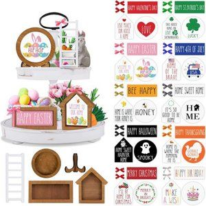 Farmhouse Easter Tiered Tray Decor Set Year Round Seasonal Interchangeable frame